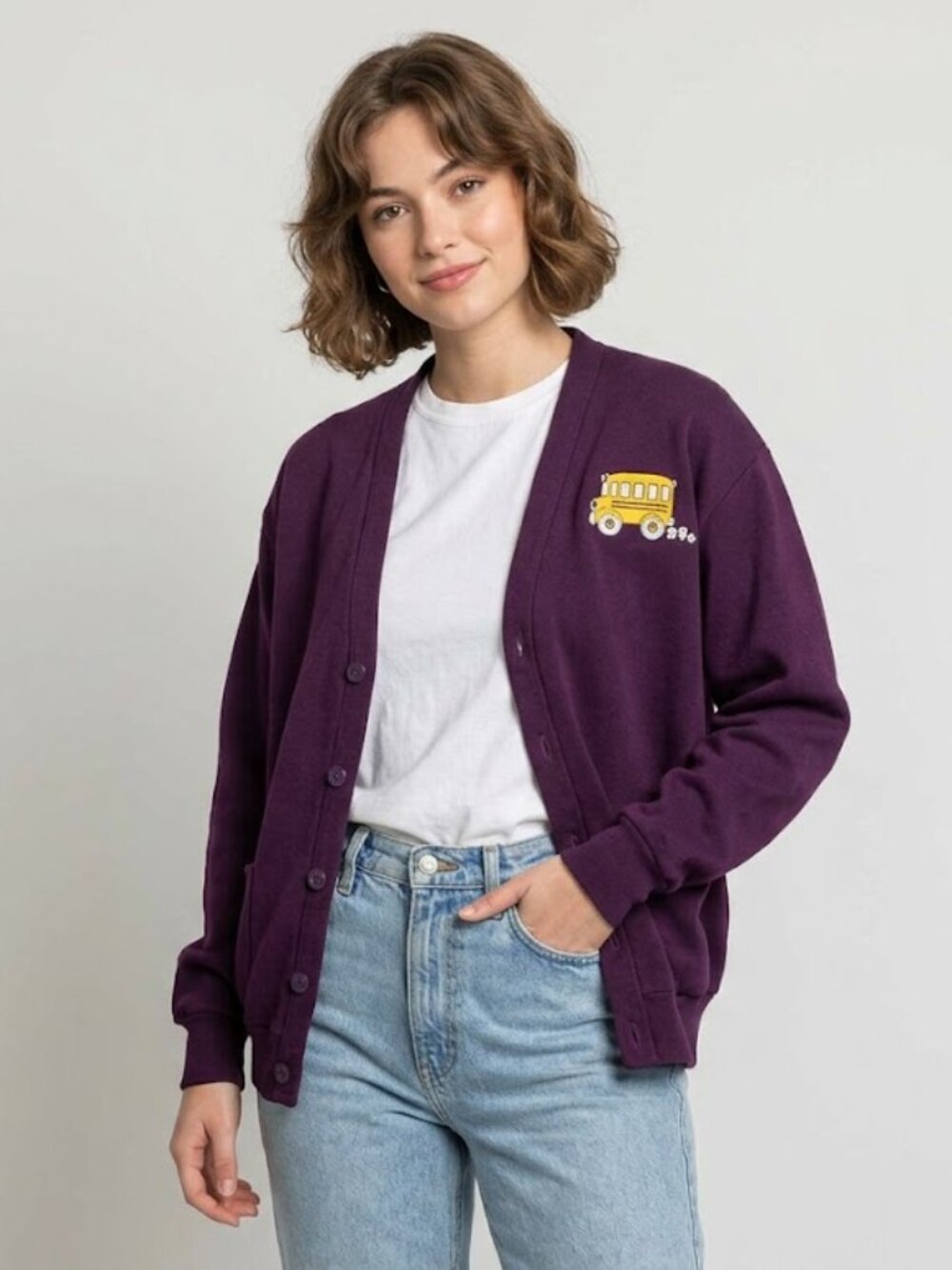 Vintage purple cardigan with school bus